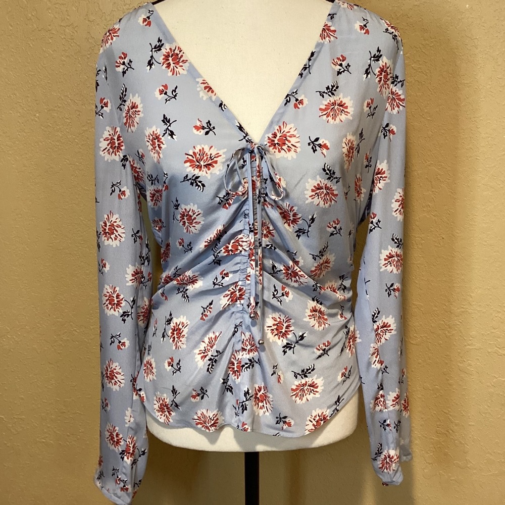 Veronica Beard Floral Ruched Blouse in Light Blue and Red